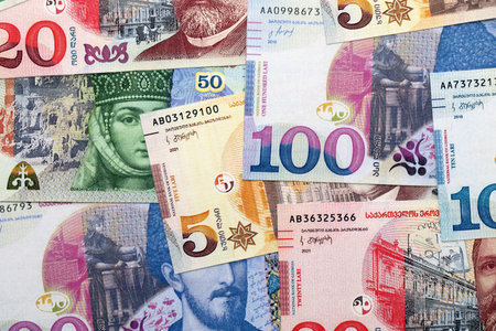 Georgian Lari currency money bills in stack. GEL currency banknotes with different denomination close upの写真素材