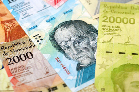 Venezuelan Bolivar currency money bills in big amount. Bunch of VED currency banknotes with different denomination close upの写真素材