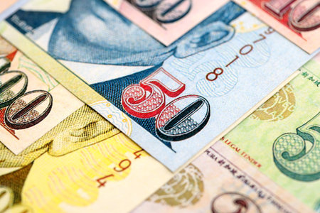 Singapore Dollar currency money bills. SGD currency banknotes in bunch with different denomination close upの写真素材