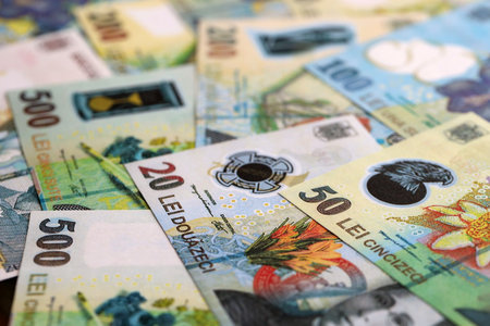 Romanian Leu currency money bills. RON currency banknotes in heap with different denomination close upの写真素材