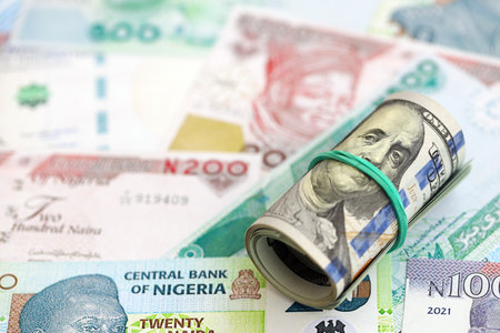 Nigerian naira currency money bills and bunch of us dollar banknotes close up. The concept of economics and currency exchangeの写真素材