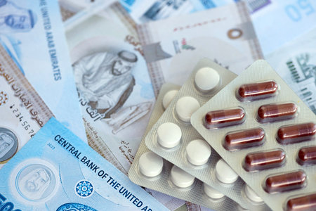 United Arab Emirates dirham currency money bills and medicine pills close up. The concept of medicine and pharmacyの写真素材