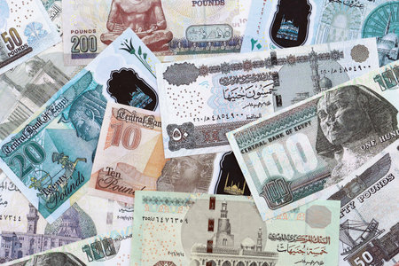 Egyptian pound currency money bills. The current banknotes lies on table in big amount close upの写真素材