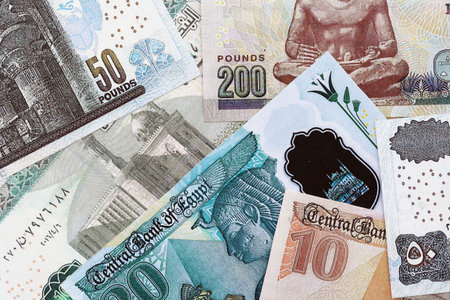 Egyptian pound currency money bills. The current banknotes lies on table in big amount close up