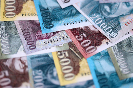 Hungarian Forints currency money bills in big amount. Stack of HUF currency banknotes with different denomination close upの写真素材