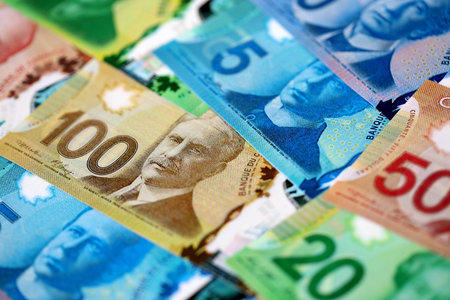 Canadian Dollar currency money bills. CAD currency banknotes in big amount with different...