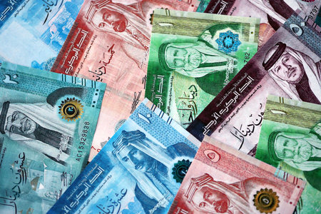 Jordanian Dinar currency money bills. JOD currency banknotes in bunch with different denomination close upの写真素材