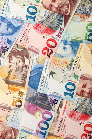 Georgian Lari currency money bills. GEL currency banknotes with different denomination close up