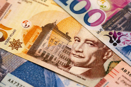 Georgian Lari currency money bills in stack. GEL currency banknotes with different denomination...
