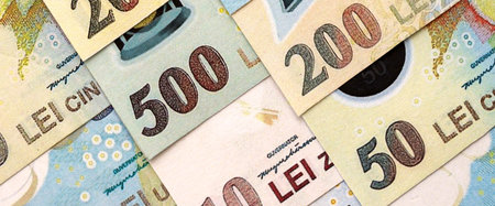 Romanian Leu currency money bills. RON currency banknotes in heap with different denomination close upの写真素材