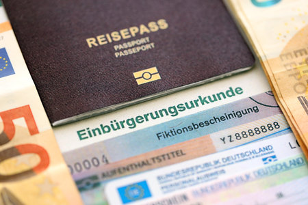 German passport and an identity card on an official naturalization certificate. Symbolic for successful acquisition of German citizenship close upの写真素材