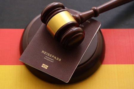 passport book and judgement hammer on flag close upの写真素材