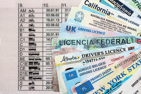 Driving licenses from different countries and American states. Concept of obtaining driving permitの写真素材