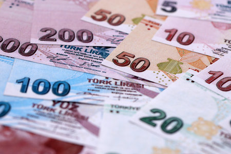 Turkish Liras currency money bills. TRY currency banknotes in pile with different denomination close upの写真素材