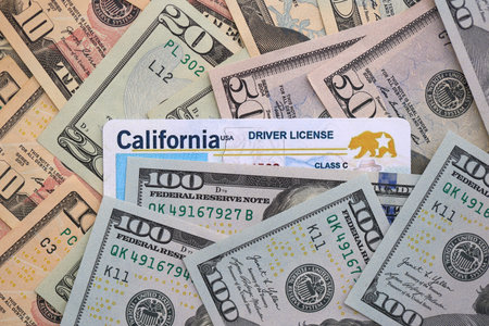 California state driving license among big amount of US dollar bills close upの写真素材