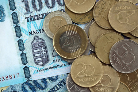 Heap of Hungarian Forint currency money bills and coins. HUF currency banknotes and coins close upの写真素材