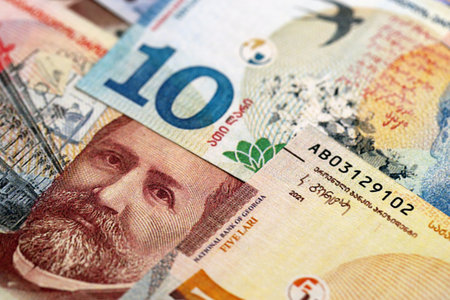 Georgian Lari currency money bills in big amount. GEL currency banknotes with different denomination...