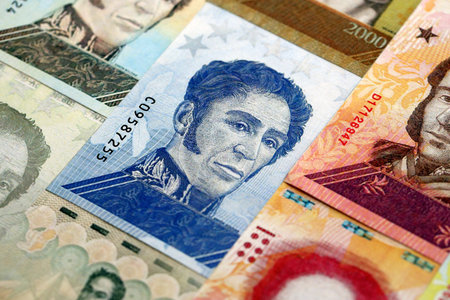 Venezuelan Bolivar currency money bills in stack. VED currency banknotes with different denomination close upの写真素材
