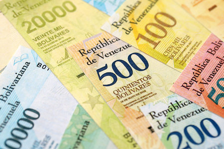 Venezuelan Bolivar currency money bills in bunch. VED currency banknotes with different denomination close upの写真素材