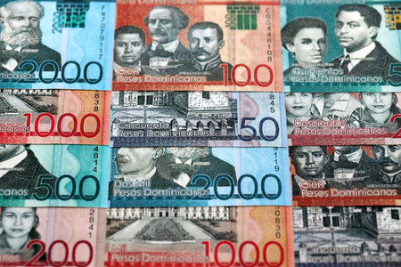 Dominican Republic Pesos currency money bills. DOP currency banknotes in stack with different denomination close upの写真素材