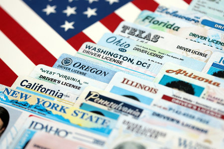 Big amount of driving licenses from different USA states on flag close up. Stack of driving license specimen cardsの写真素材