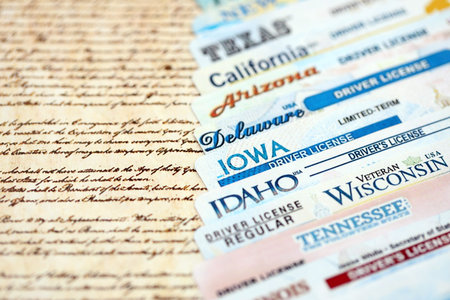 Big amount of driving licenses from different USA states on constitution page. Stack of driving license specimen cardsの写真素材