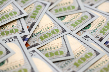United States Dollar currency money bills. USD currency banknotes in stack with different denomination close upの写真素材