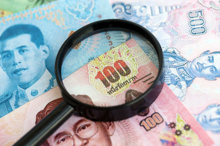 Thai baht currency money bills and magnifying glass close up. The concept of financial monitoring and taxationの写真素材