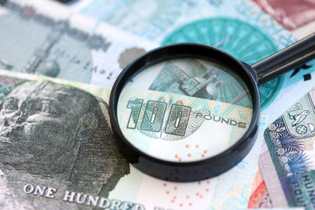 Egyptian pound currency money bills and magnifying glass close up. The concept of financial monitoring and taxationの写真素材