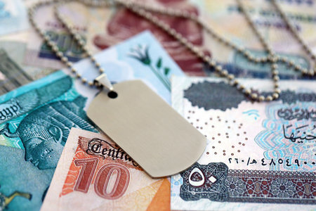 Egyptian pound currency money bills and military token close up. The concept of army serviceの写真素材