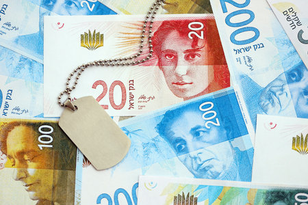 Israel New Shekels banknotes and military token. The current Israel money bills and dogtags lies on table in big amount. The concept of army service in Israelの写真素材