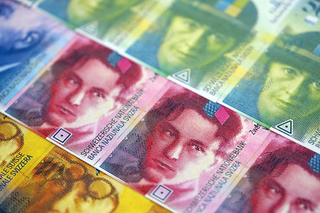 Swiss franc banknotes. The current francs money bills lies on table in big amount close up. The concept of business and investment in Switzerlandの写真素材