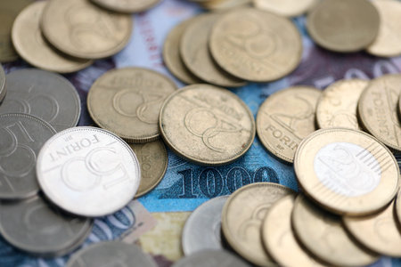 Hungarian Forint currency money bills and coins. HUF currency banknotes and coins close upの写真素材