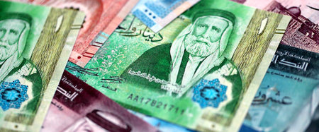 Jordanian Dinar currency money bills. JOD currency banknotes in bunch with different denomination close upの写真素材