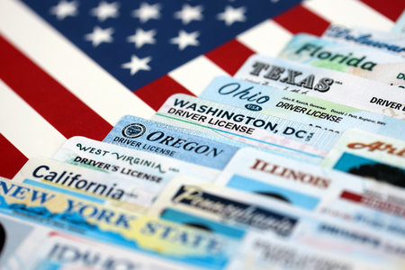 Big amount of driving licenses from different USA states on flag close up. Stack of driving license specimen cardsの写真素材