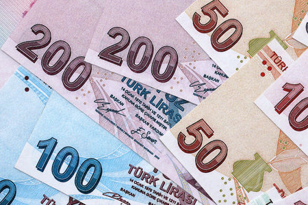 Turkish Liras currency money bills. TRY currency banknotes in pile with different denomination close upの写真素材