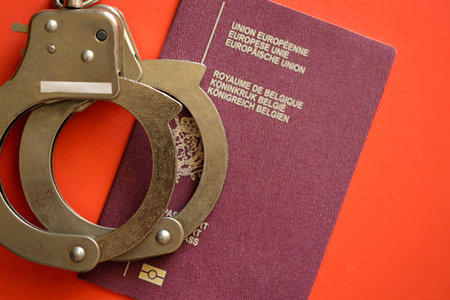 Belgium passport with police handcuffs on table close up. Criminal level and arrests in Europe conceptの写真素材