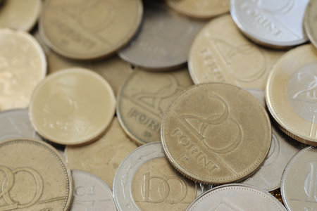 Many Hungarian forint coins in big stack close up. Forint is an official Hungarian currency instead euroの写真素材