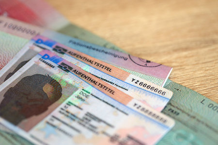 German Permanent resident card and document specimen lies on wooden table close up. Aufenthaltstitel and Fiktionsbescheinigungの写真素材