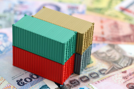 Thai baht currency money bills and toy cargo containers close up. The concept of shipping and...