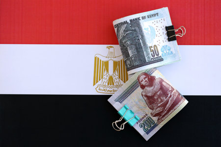 Egyptian pound currency money bills lies on flag close up. The concept of business and investment