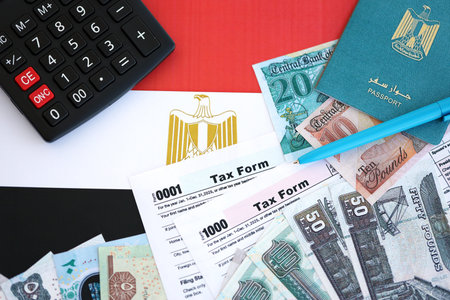 Egyptian pound money bills and calculator with tax form on flag close up. Taxation and accounting...