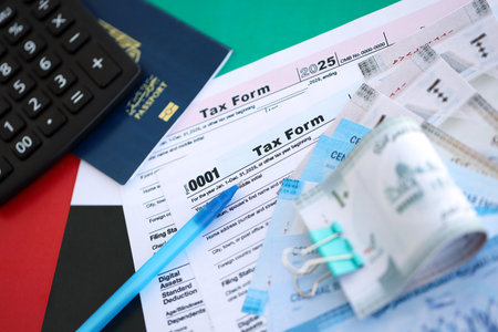 United Arab Emirates dirham money bills and calculator with tax form on flag close up. Taxation and accounting conceptの写真素材