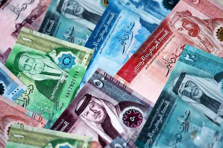 Jordanian Dinar currency money bills. JOD currency banknotes in bunch with different denomination close upの写真素材