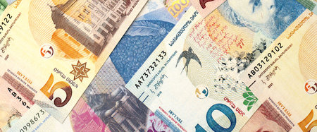 Georgian Lari currency money bills in stack. GEL currency banknotes with different denomination...
