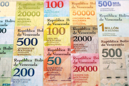 Venezuelan Bolivar currency money bills in stack. VED currency banknotes with different denomination close upの写真素材