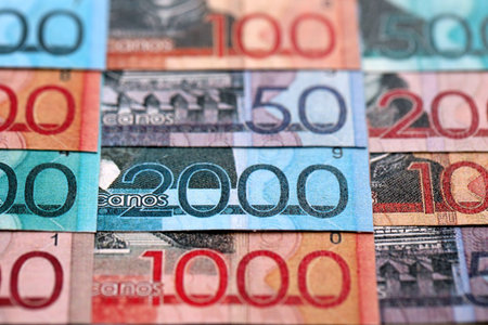 Dominican Republic Pesos currency money bills. DOP currency banknotes in bunch with different denomination close upの写真素材