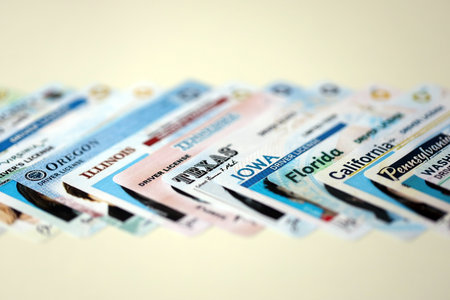 Big amount of driving licenses from various USA states. Stack of driving license specimen cardsの写真素材