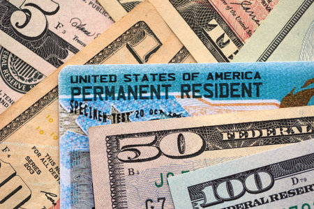 American US dollars money bills with permanent resident green card diversity visa close upの写真素材
