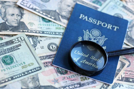 US passport and magnifying glass on the background of many dollar bills close upの写真素材